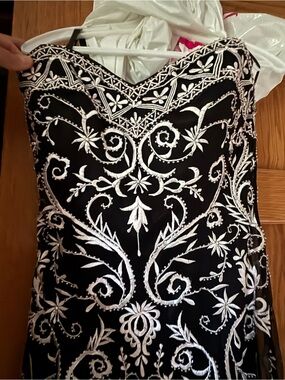 Tiffany Designs Black Prom Dress with White Embroidery
